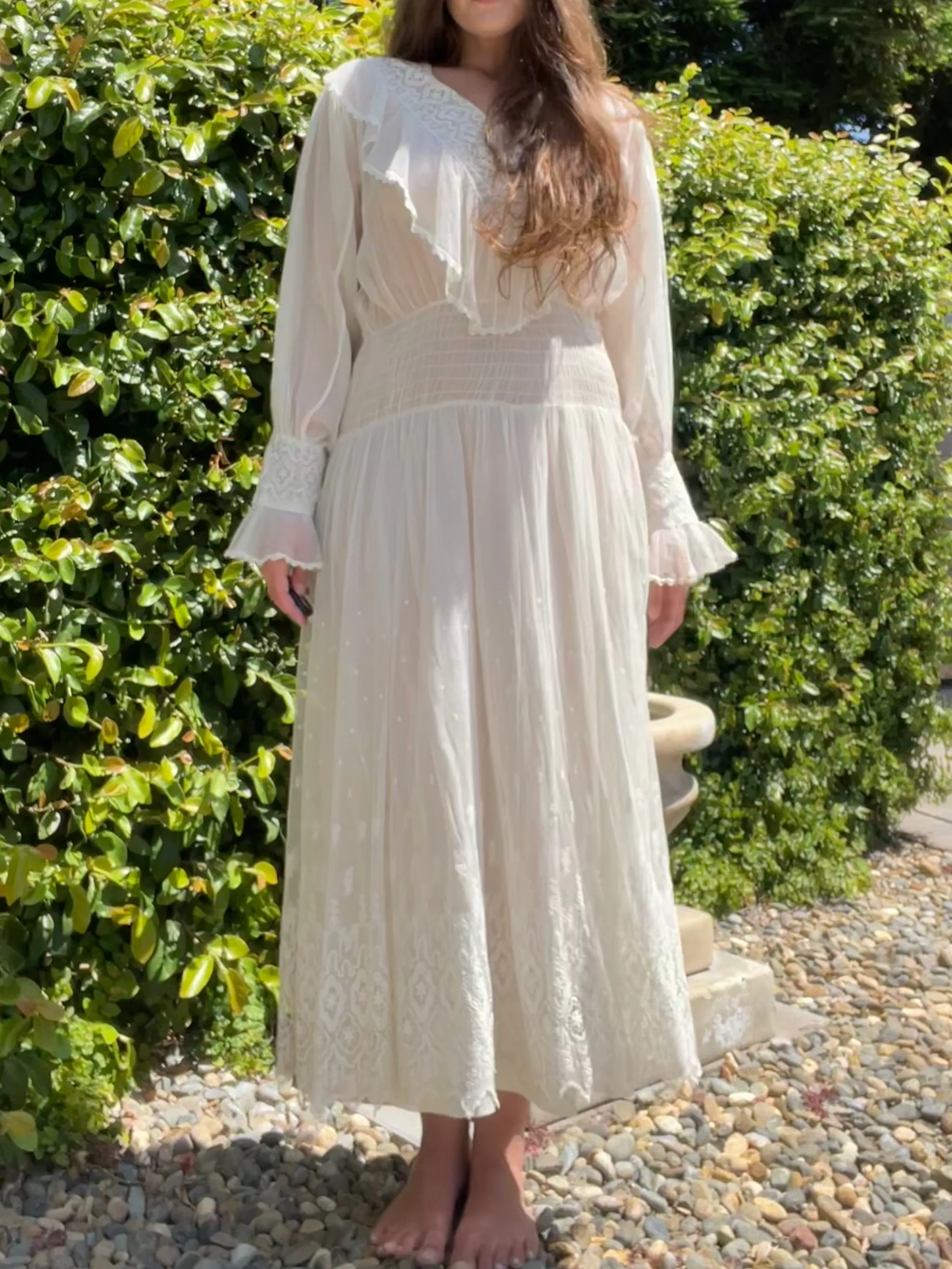 1920s Fine Cotton & Lace Overlay Balloon Sleeve Dress