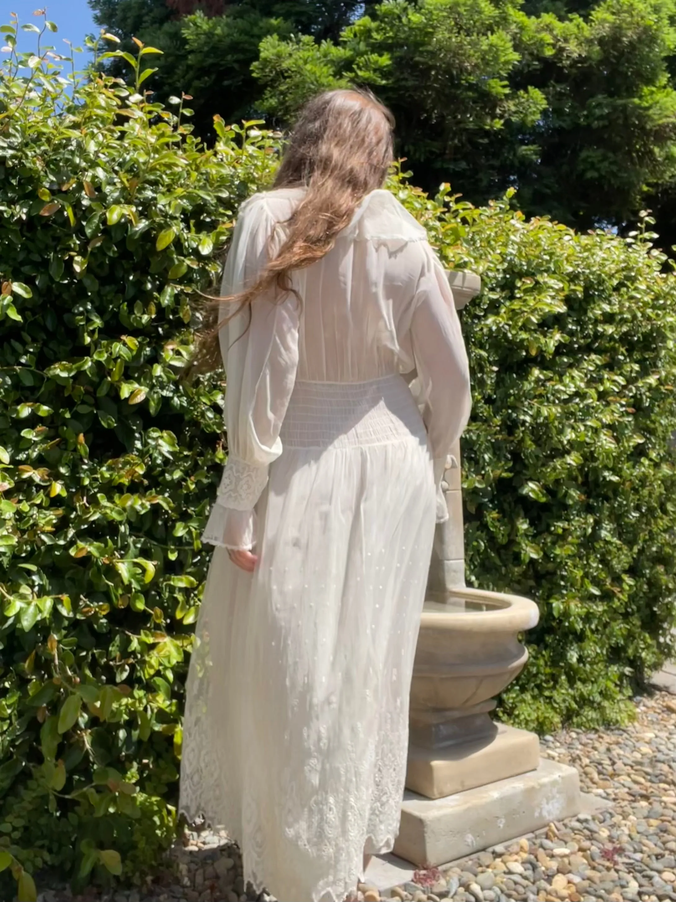 1920s Fine Cotton & Lace Overlay Balloon Sleeve Dress