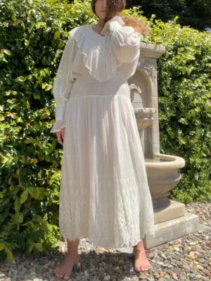 1920s Fine Cotton & Lace Overlay Balloon Sleeve Dress