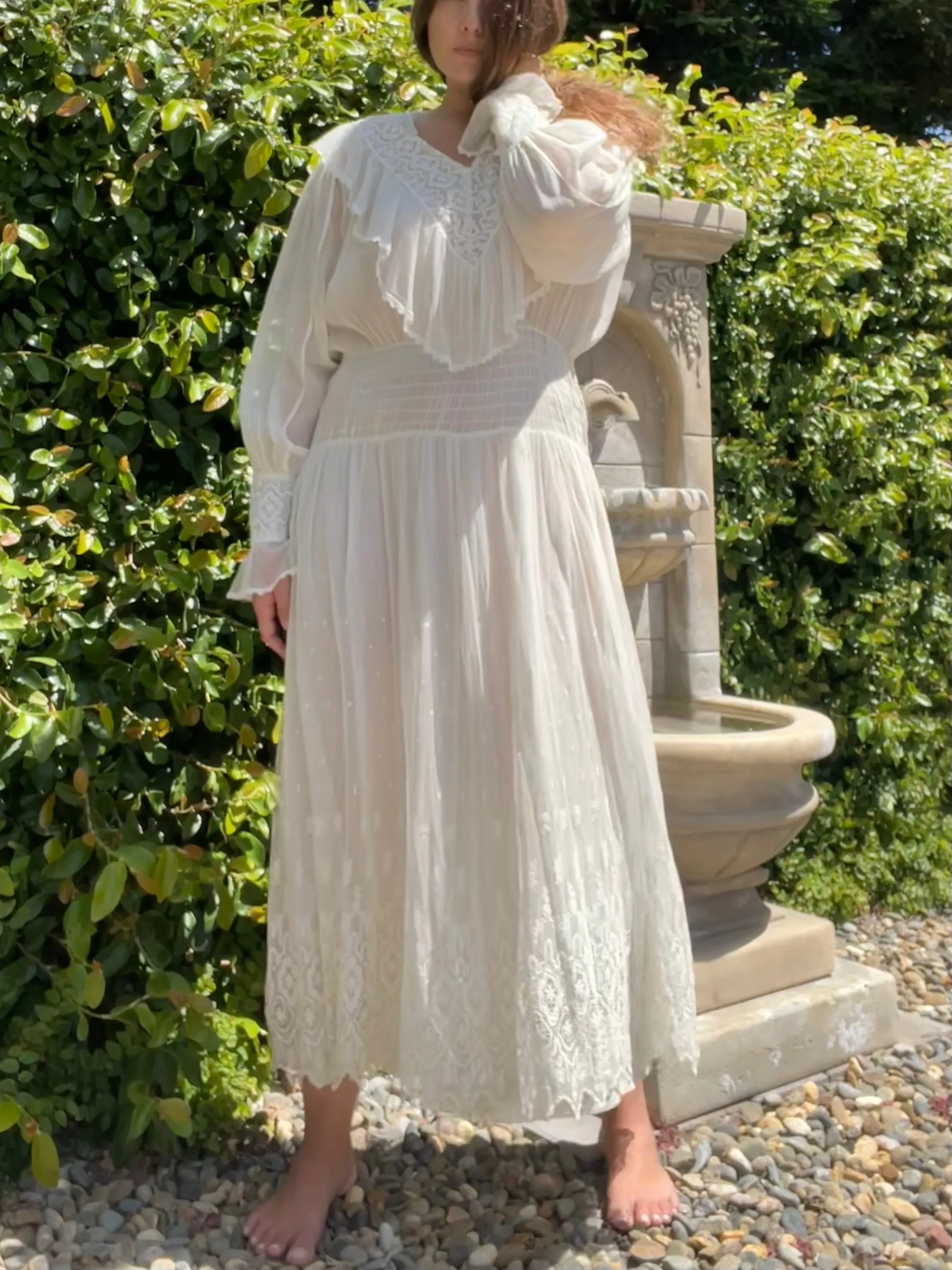1920s Fine Cotton & Lace Overlay Balloon Sleeve Dress