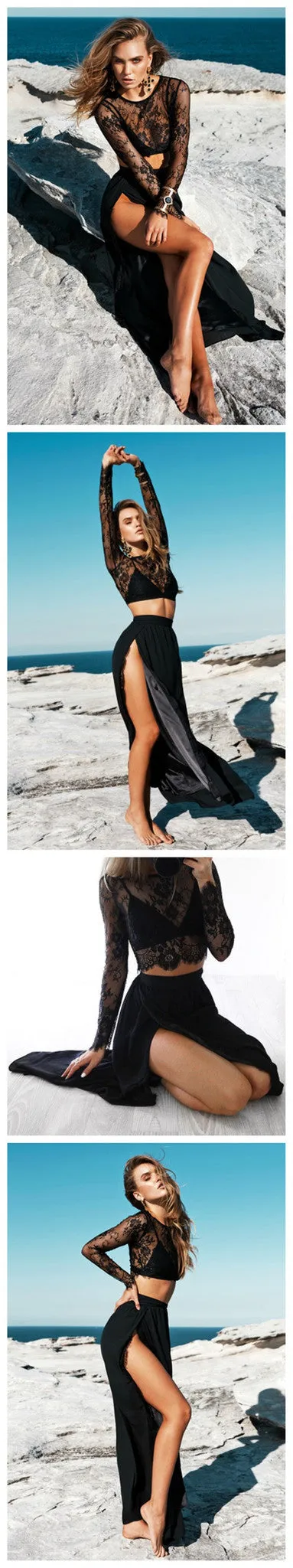 2 Pieces Black Lace Long Sleeves Sexy Slit Cheap Long Prom Dresses, BG51021