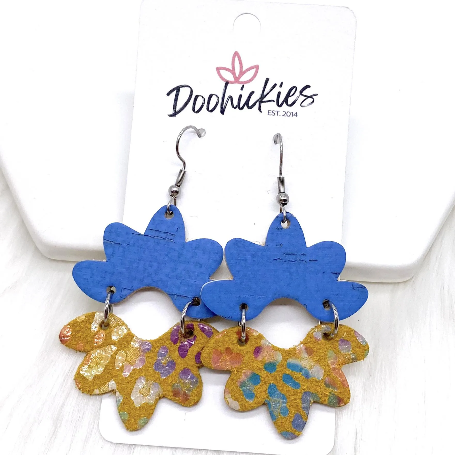 2.5" Blue & Rainbow Leopard Blossoms - Fall Earrings