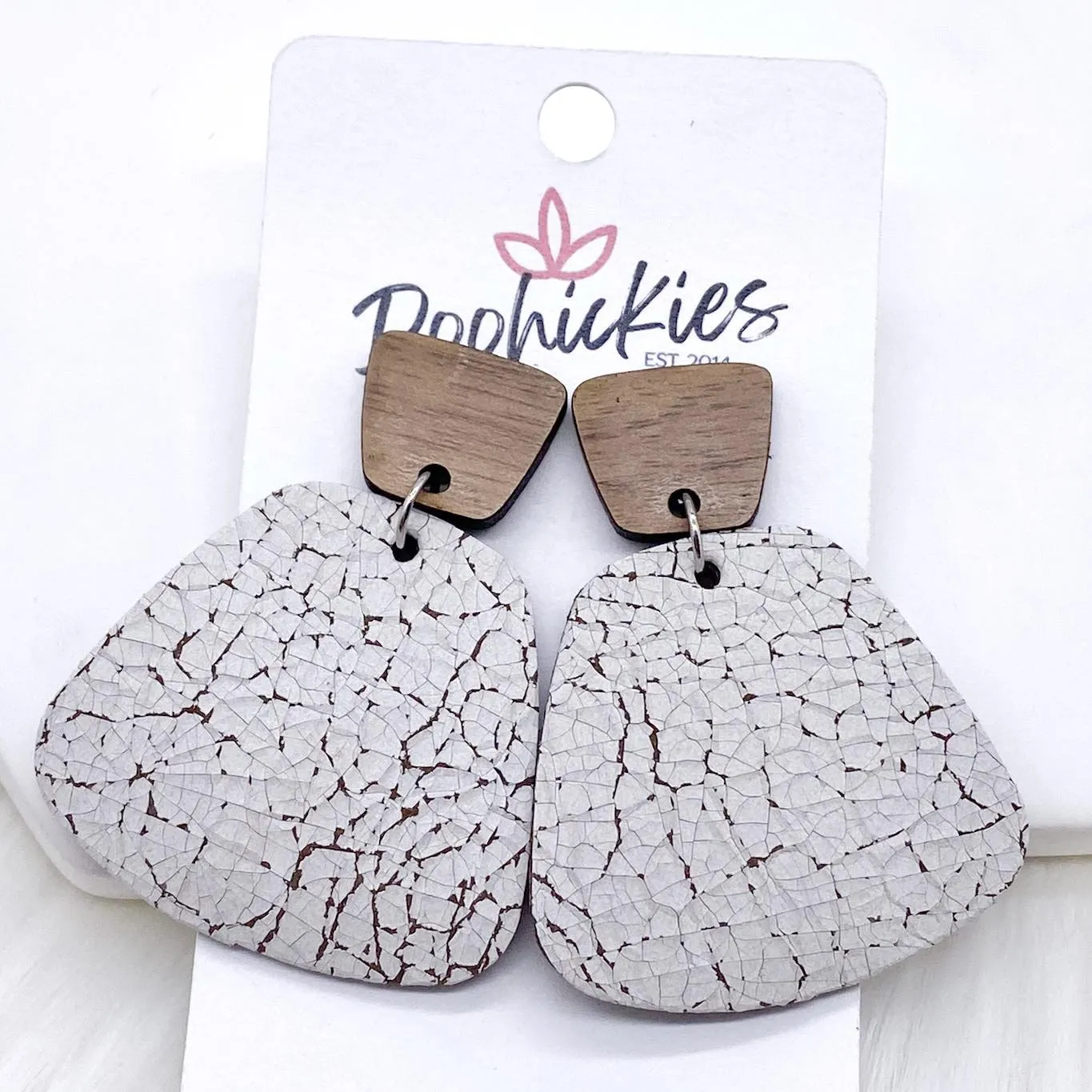 2" Walnut & Cracked White Jasmines - Fall Leather Earrings
