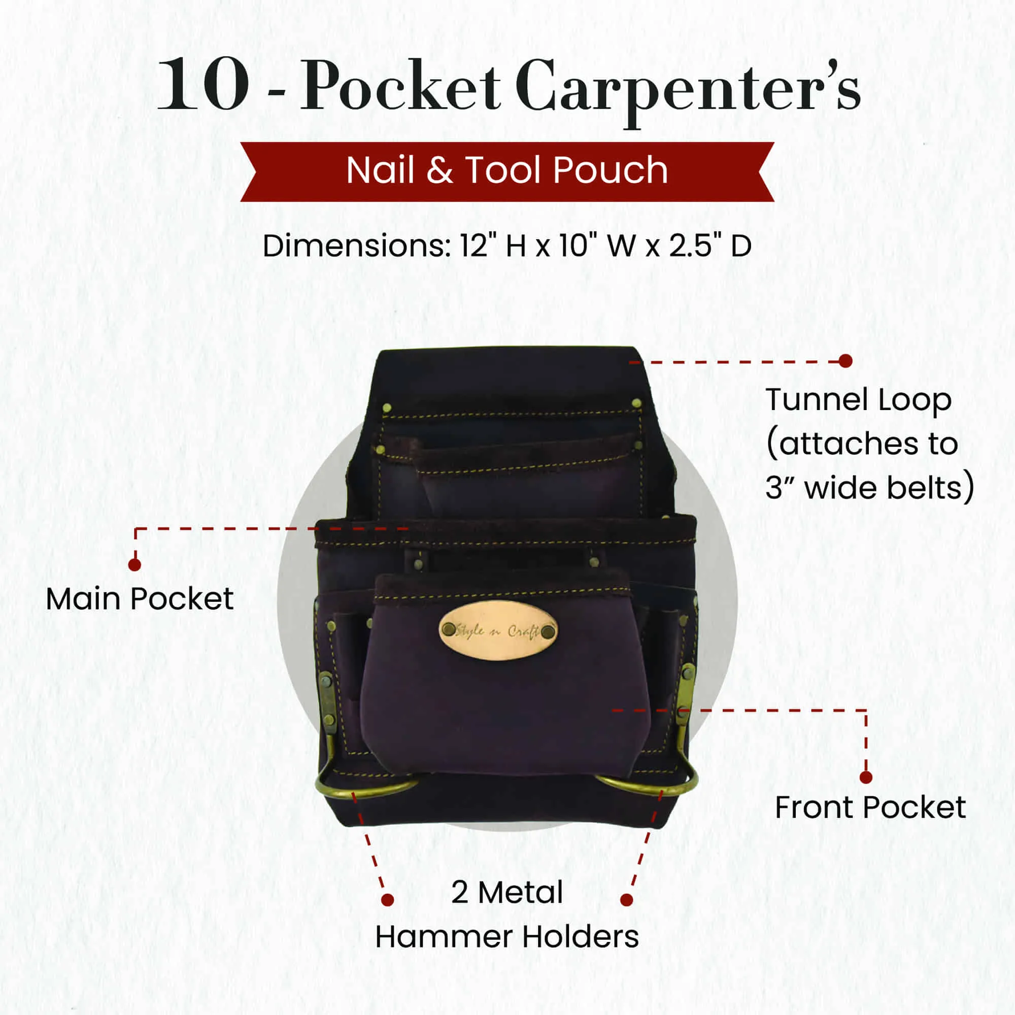90923 - 10 Pocket Carpenter's Nail and Tool Pouch in Oiled Full Grain Leather | Style n Craft