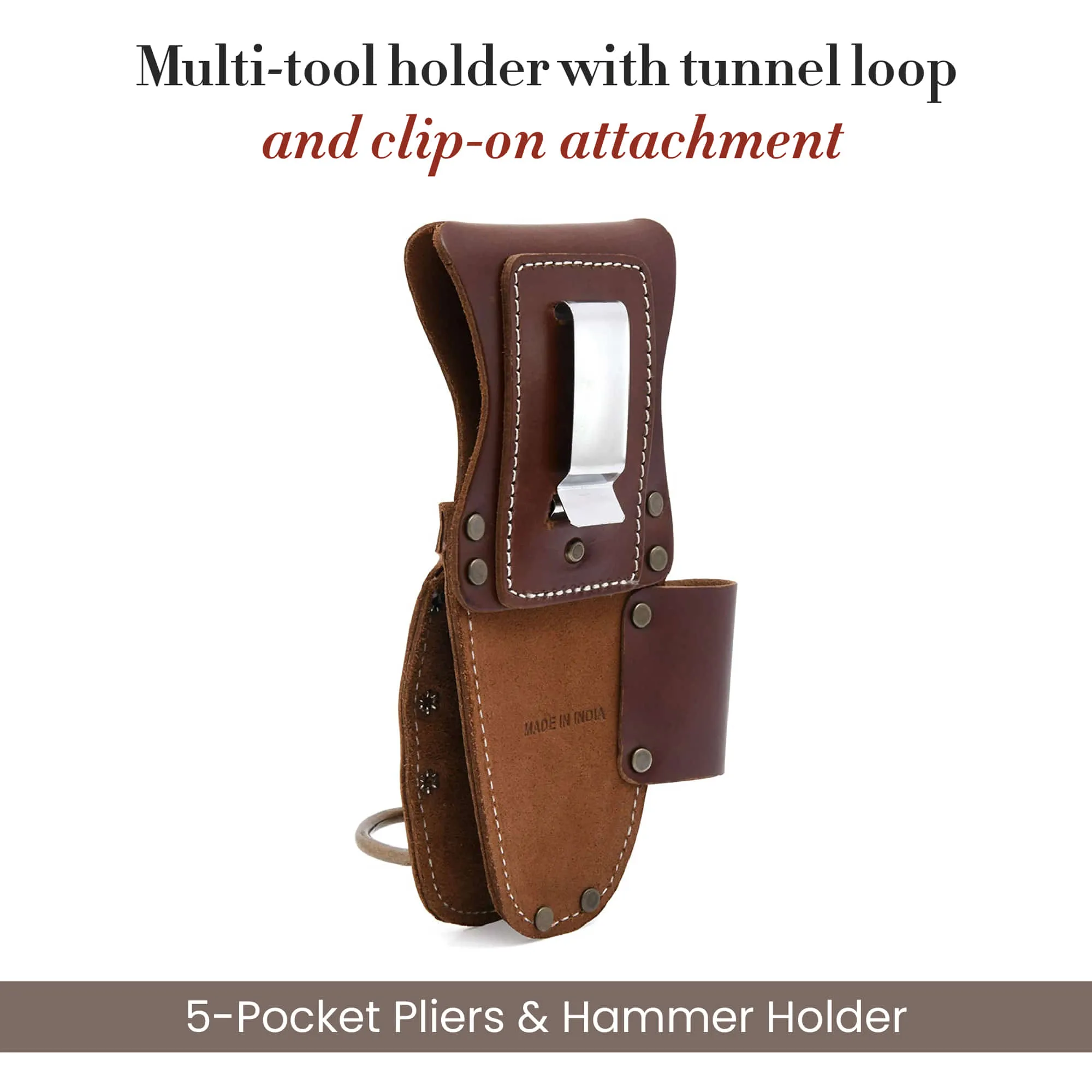 98016 - 5 Pocket Pliers & Hammer Holder in Dark Tan Full Grain Leather | Style n Craft