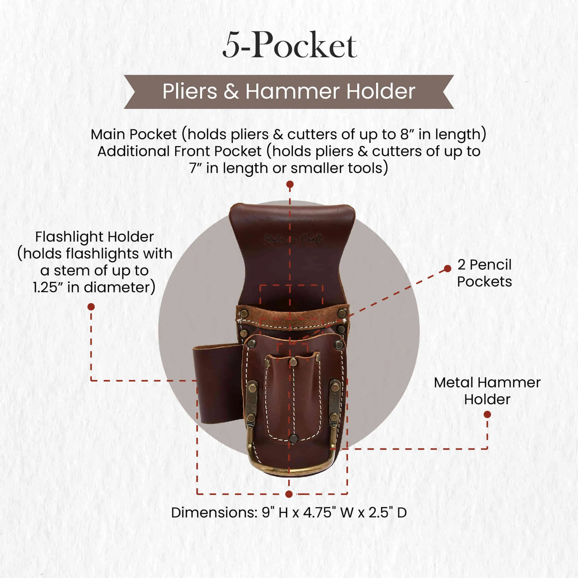 98016 - 5 Pocket Pliers & Hammer Holder in Dark Tan Full Grain Leather | Style n Craft