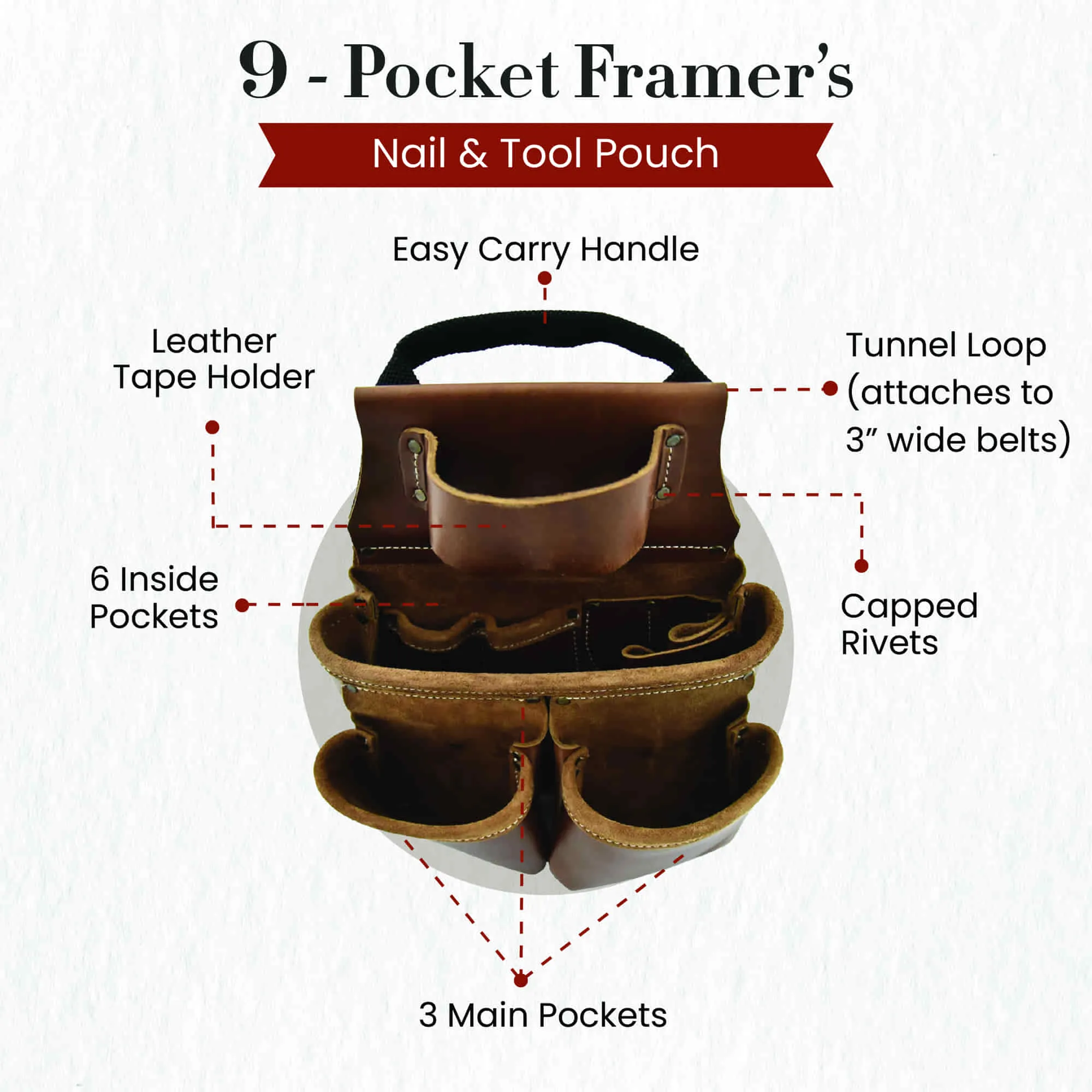 98435 - 9 Pocket Framer's Nail and Tool Pouch in Full Grain Leather | Style n Craft