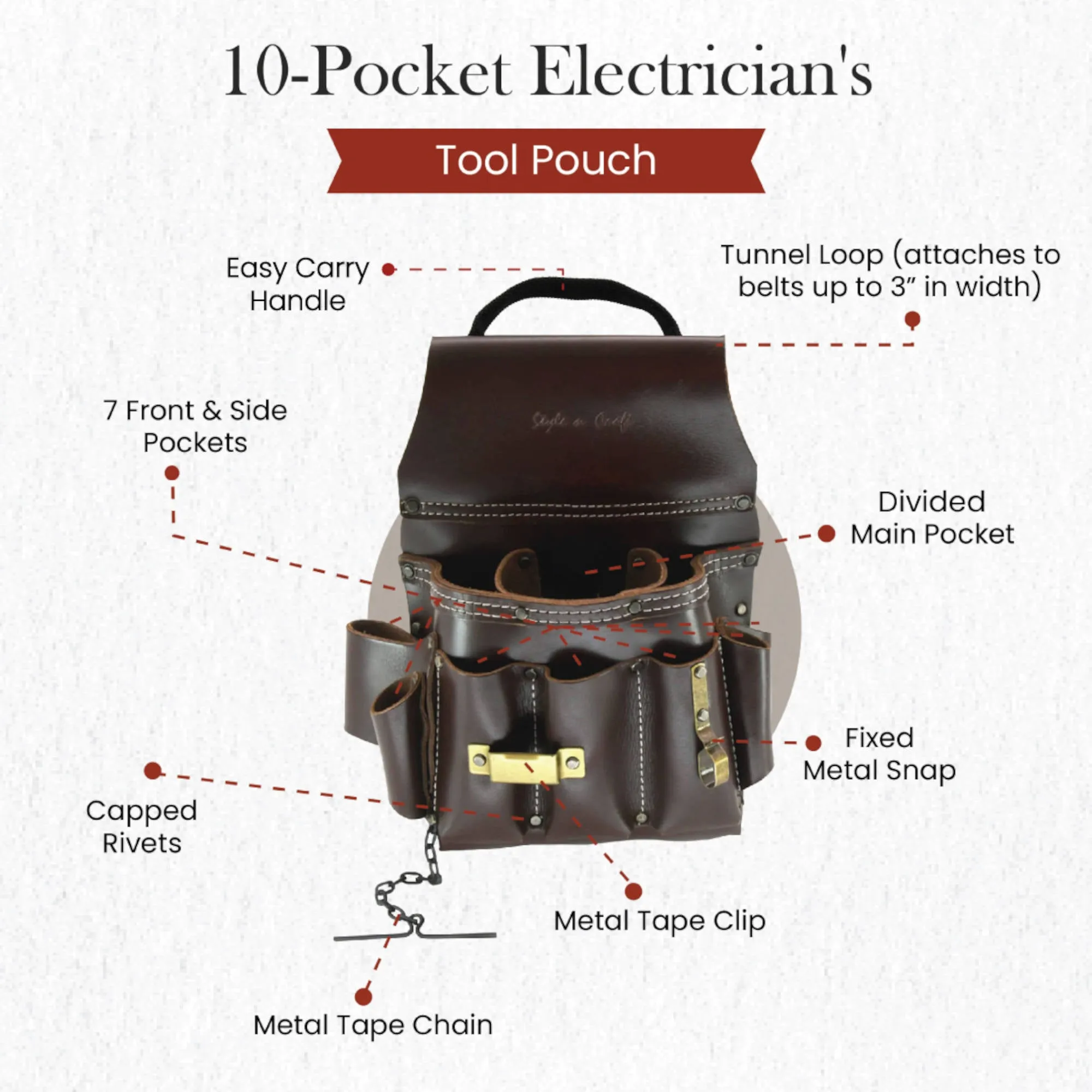 98465 - 10 Pocket Electrician's Tool Pouch in Tan Full Grain Leather | Style n Craft