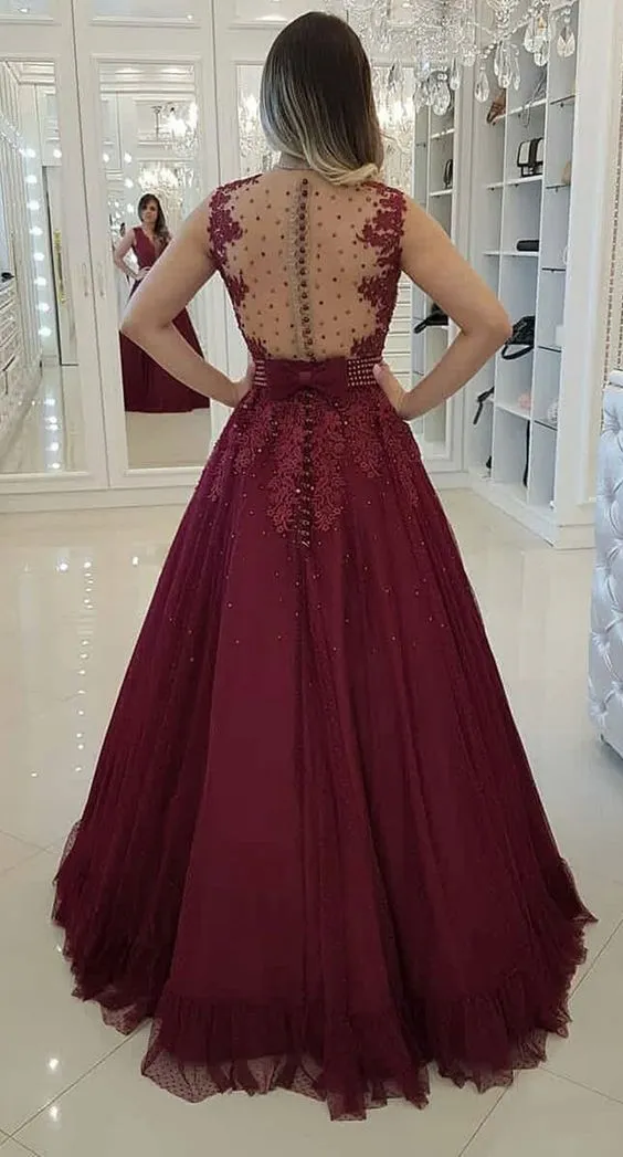 A-line Deep V-neck Sleeveless Appliques And Beading Long Prom Dresses, PD0768