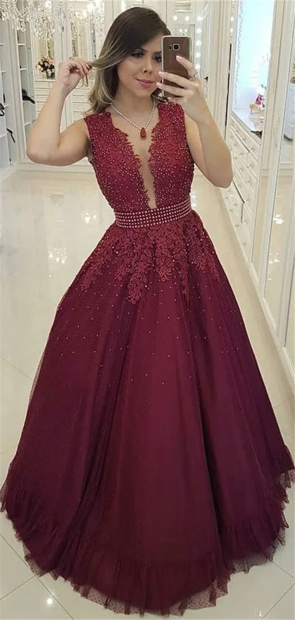 A-line Deep V-neck Sleeveless Appliques And Beading Long Prom Dresses, PD0768