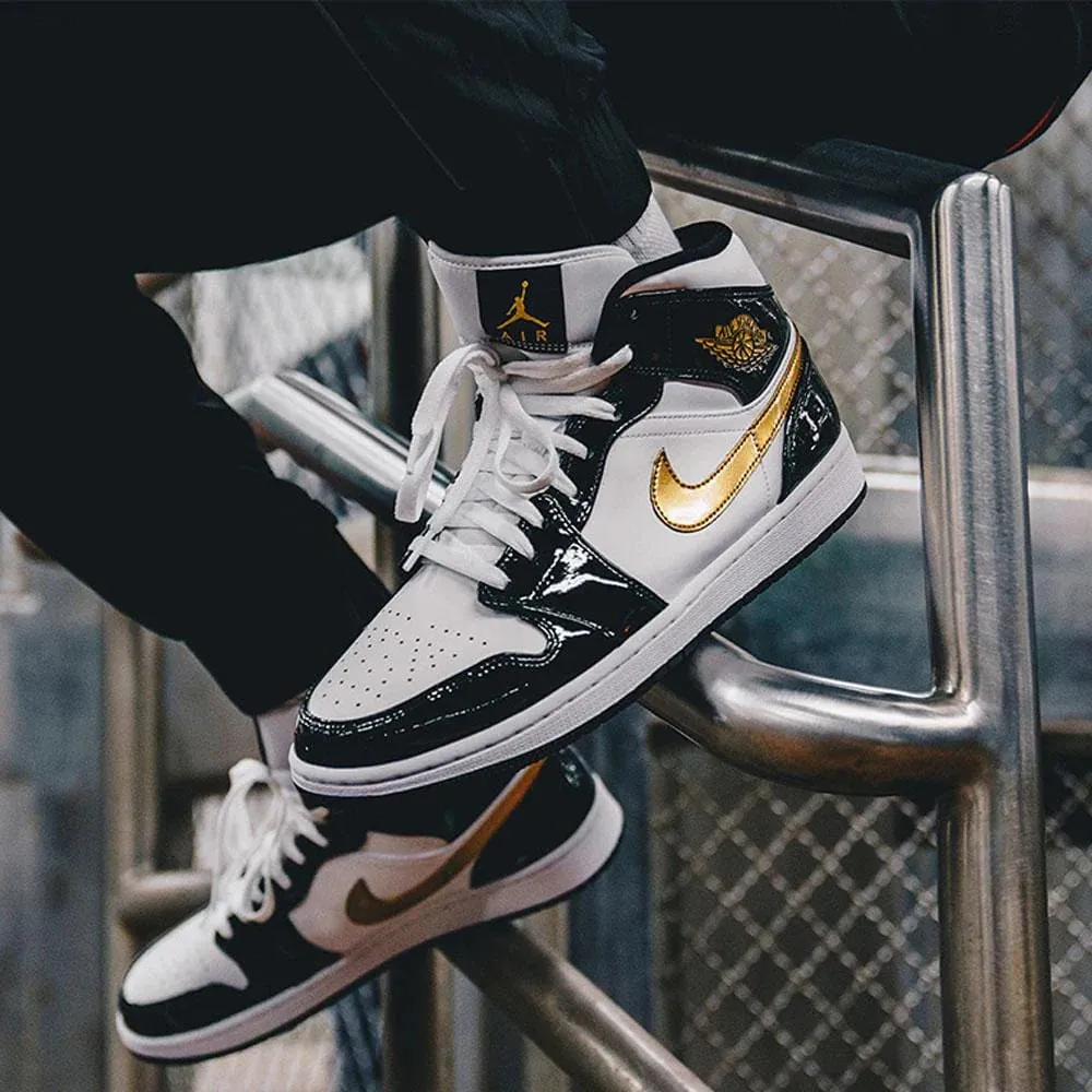 Air Jordan 1 Mid 'Patent Black White Gold'
