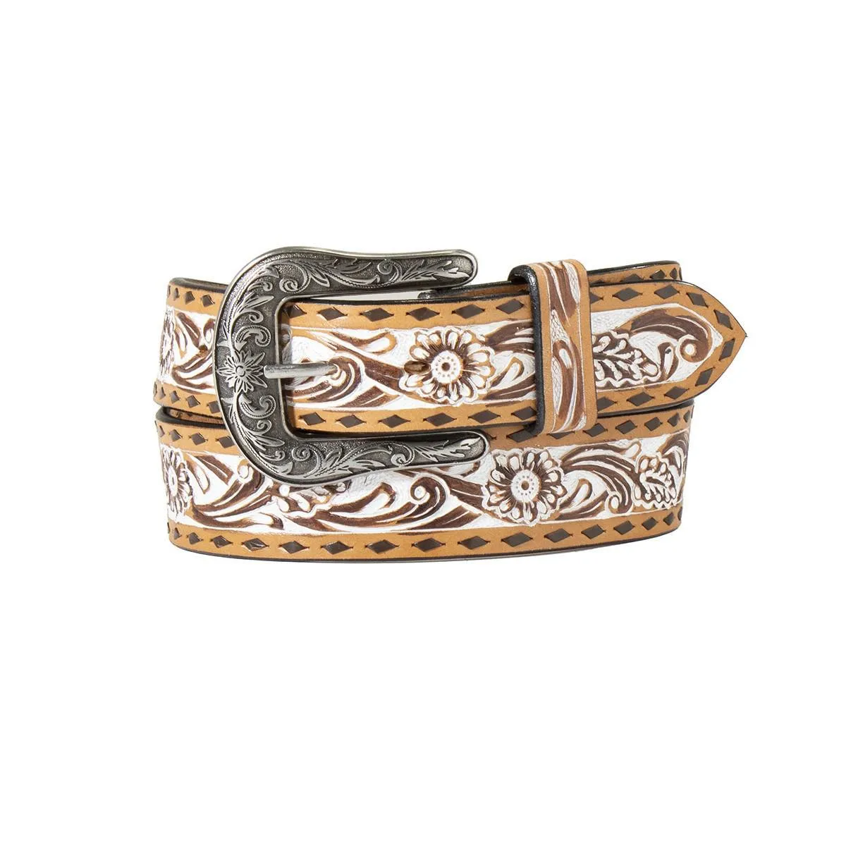 ANGEL RANCH LADIES BELT 1 1/2" HAND TOOLED FLORAL WHITE STAIN TAN