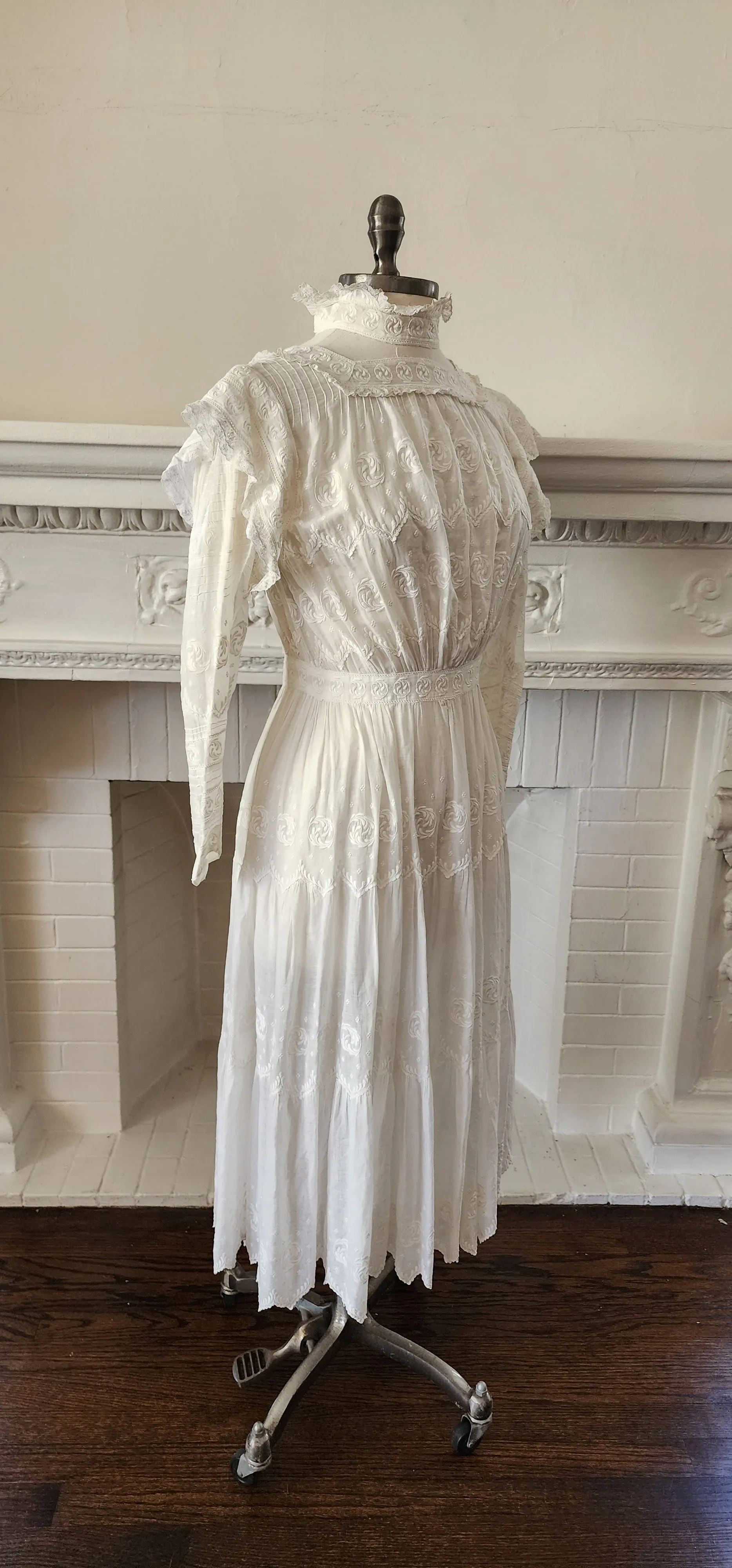 Antique Edwardian Lawn Dress / White Cotton Lace Embroidery AS IS