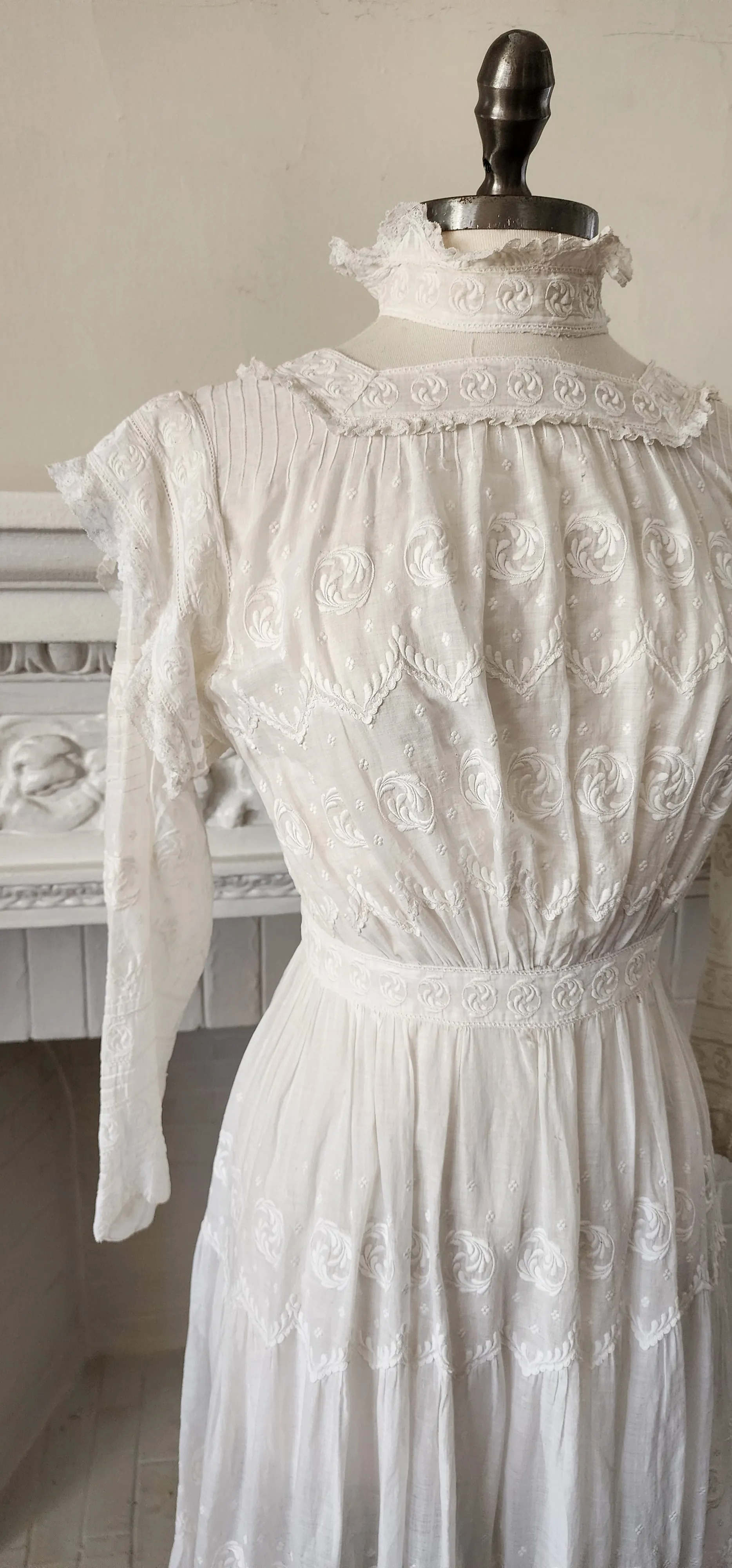 Antique Edwardian Lawn Dress / White Cotton Lace Embroidery AS IS