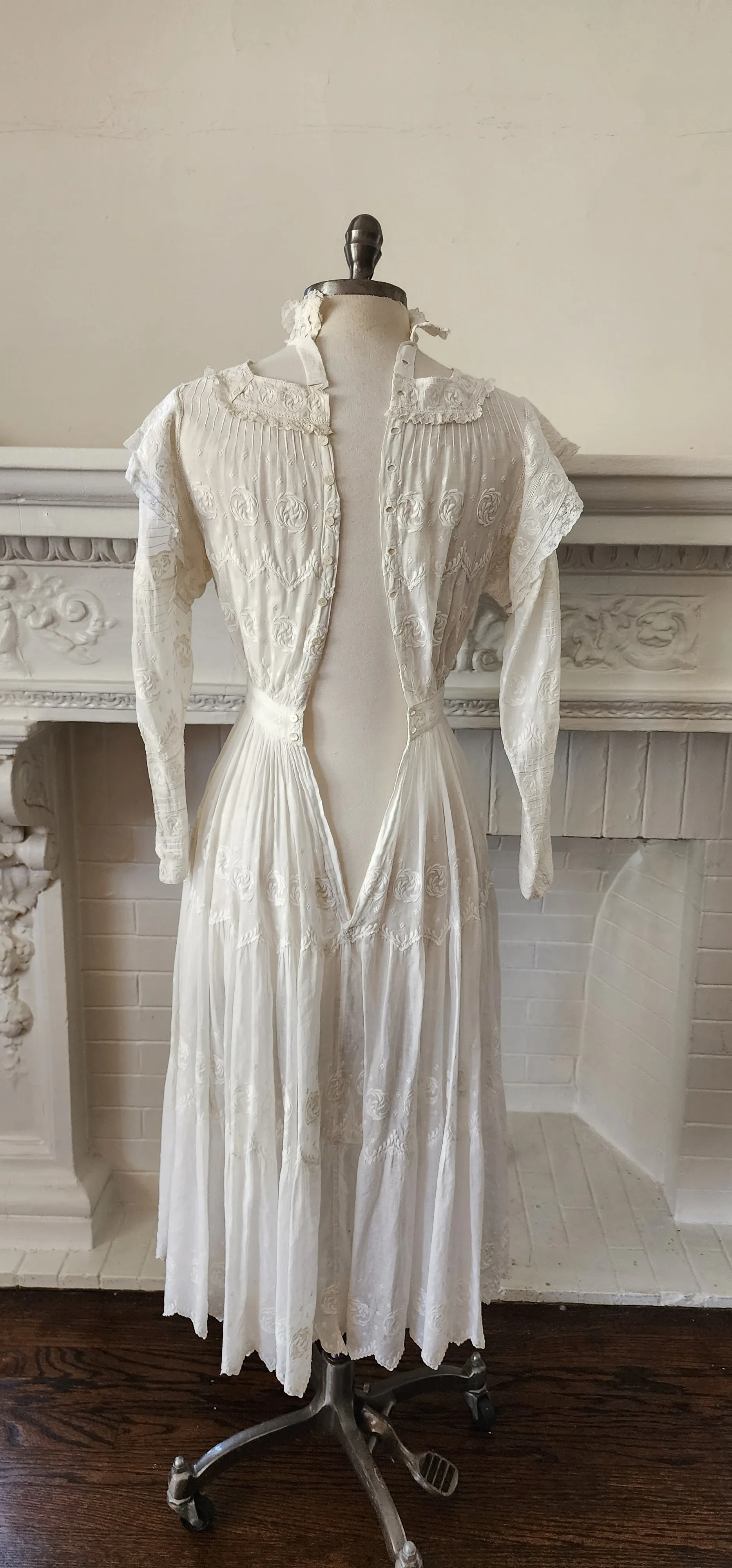 Antique Edwardian Lawn Dress / White Cotton Lace Embroidery AS IS
