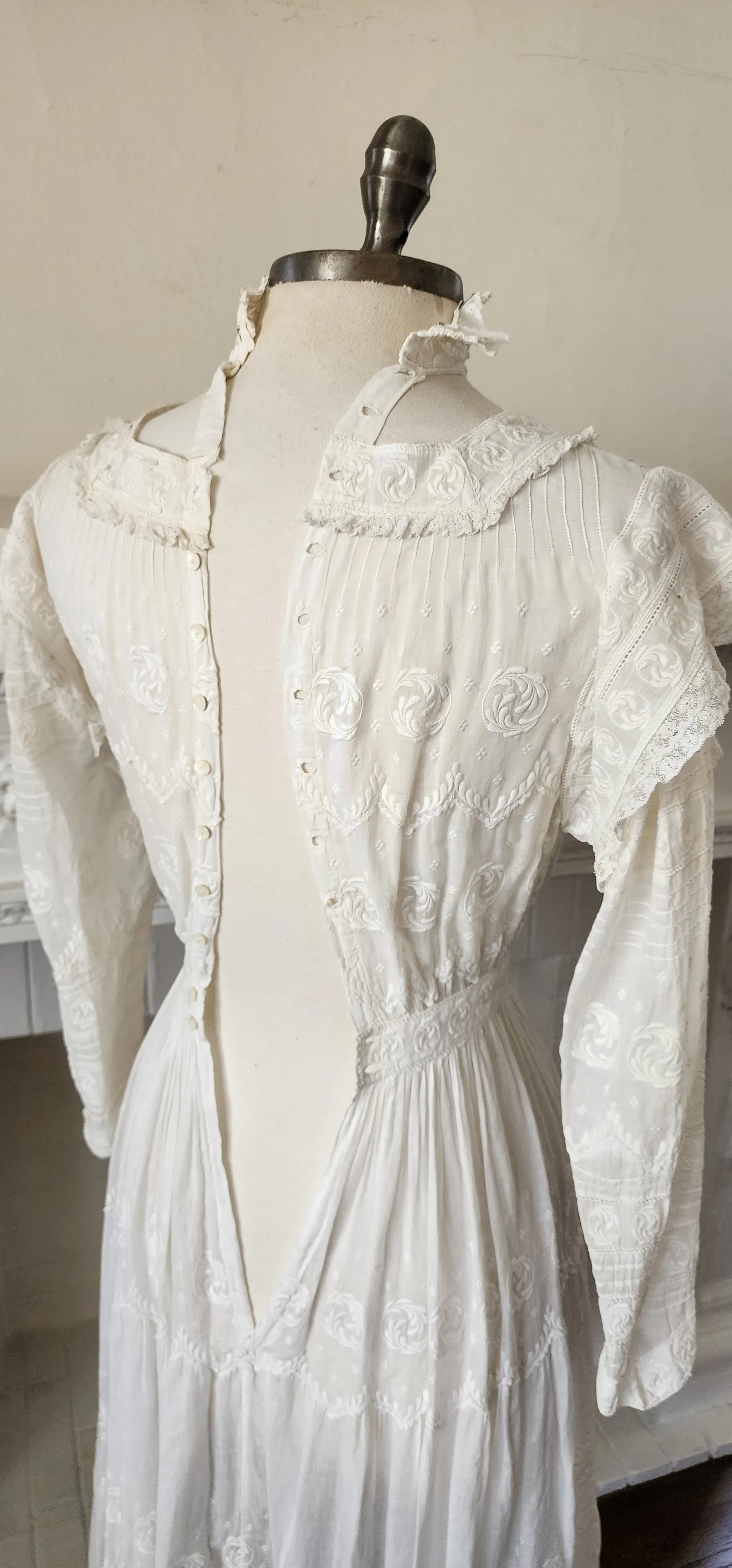 Antique Edwardian Lawn Dress / White Cotton Lace Embroidery AS IS