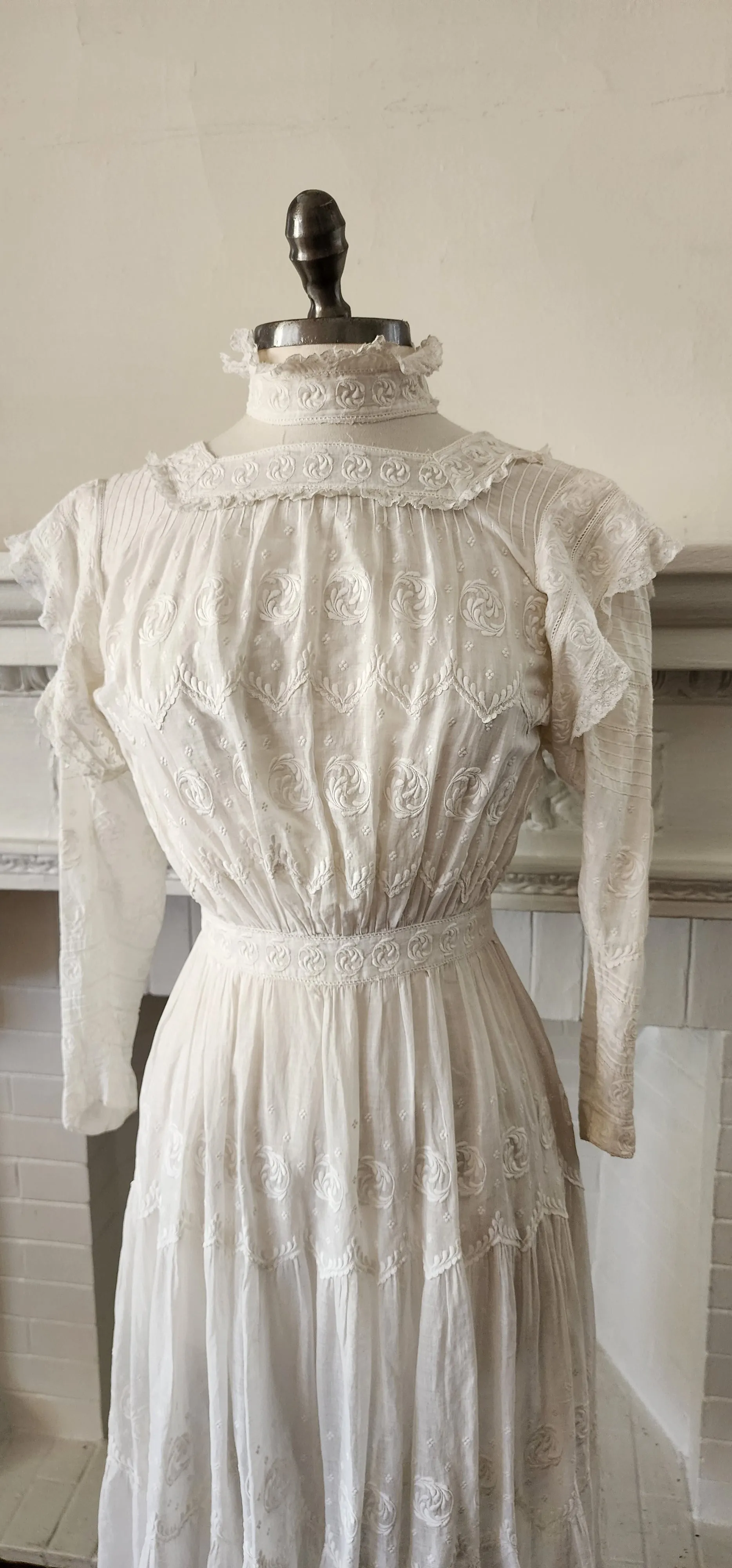 Antique Edwardian Lawn Dress / White Cotton Lace Embroidery AS IS