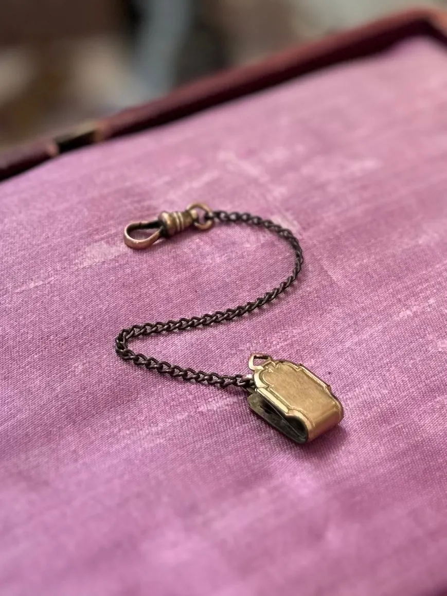Antique Edwardian Pocket Watch Chain Vest Clip, Dog Clasp Gold Tone Safety Fob Attachment Patent Pending