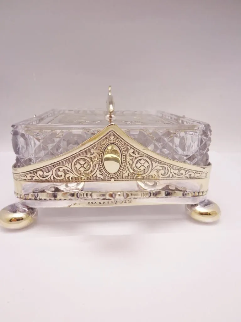 Antique English Crystal Silver Plate Sardine Dish