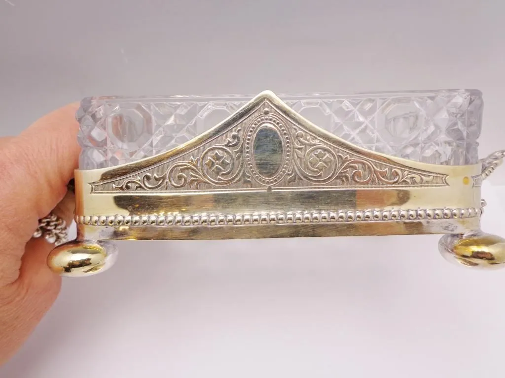 Antique English Crystal Silver Plate Sardine Dish