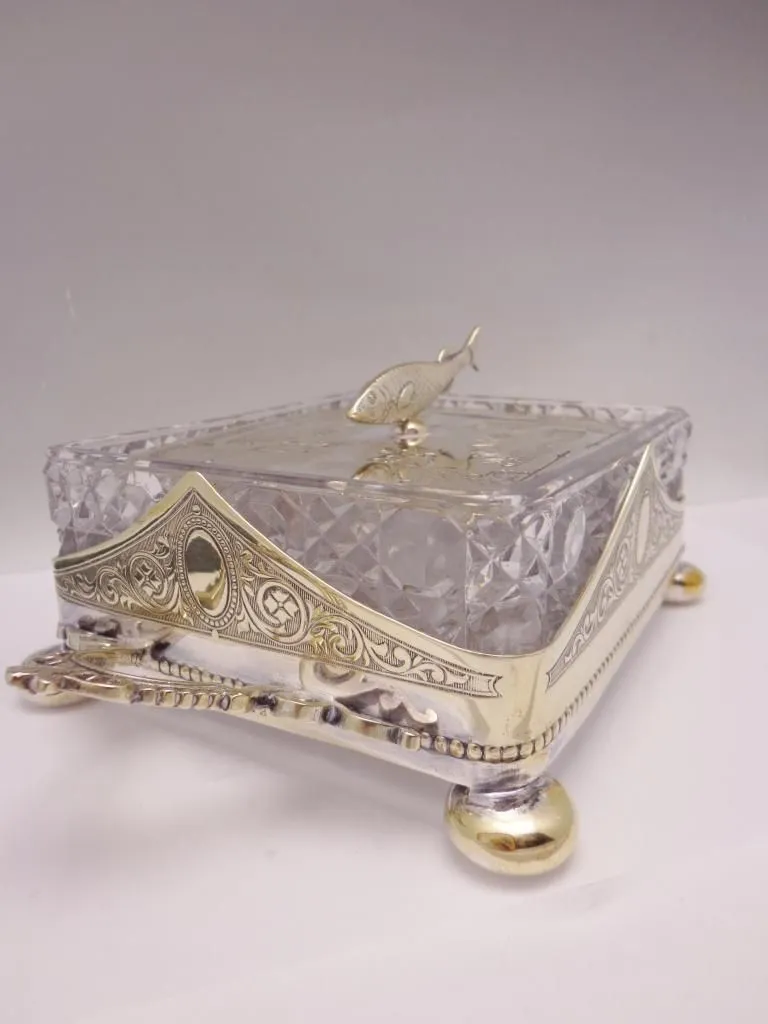 Antique English Crystal Silver Plate Sardine Dish