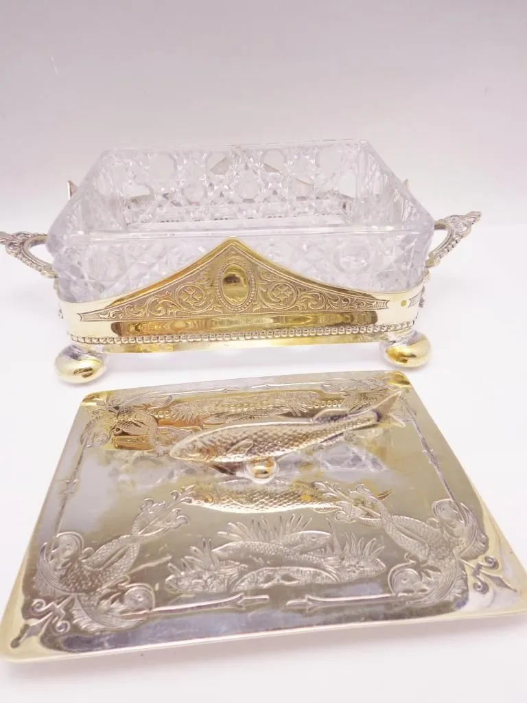 Antique English Crystal Silver Plate Sardine Dish