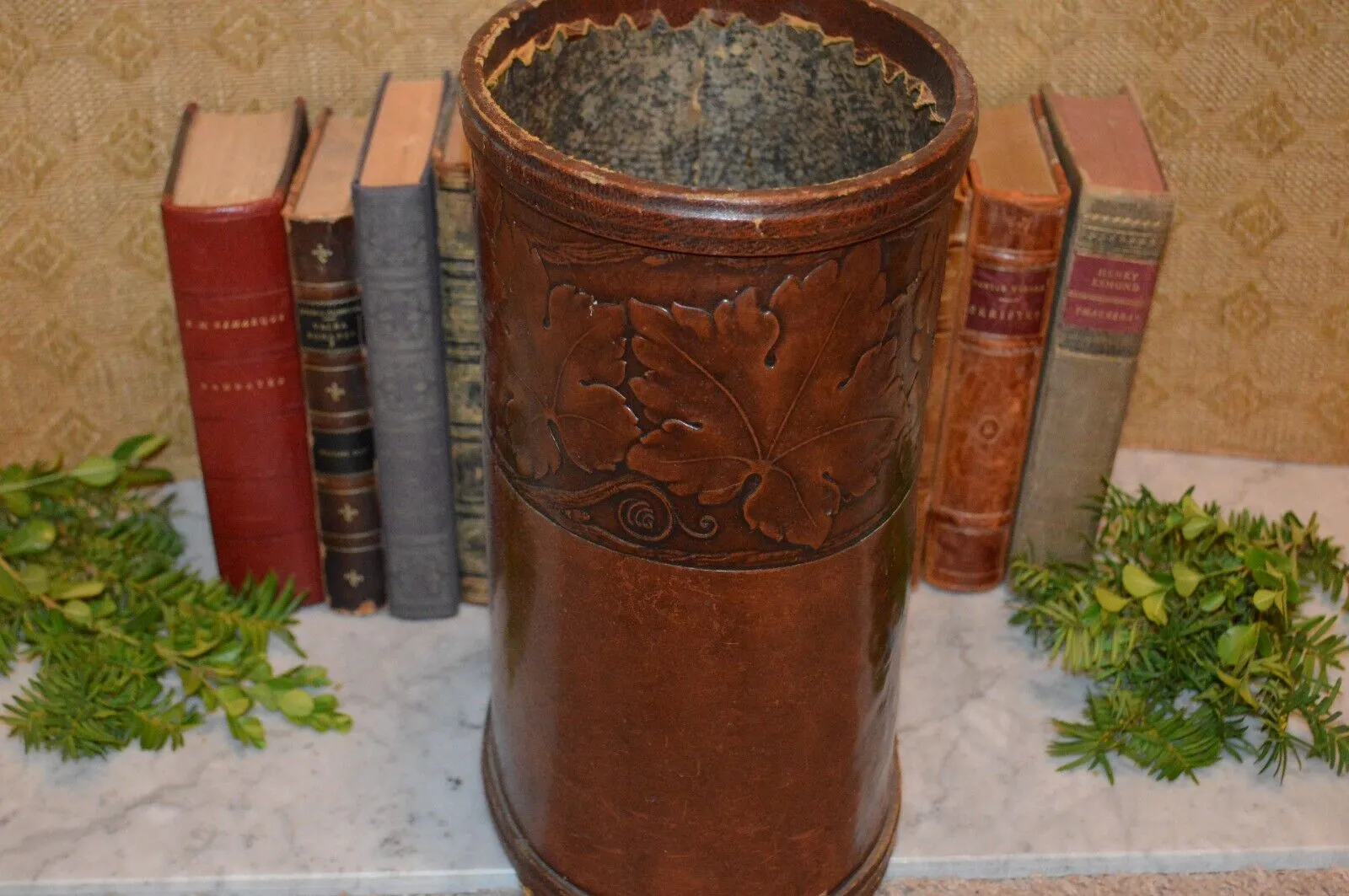 Antique English Embossed Leather Wastebasket Trash Can Arts and Crafts Style