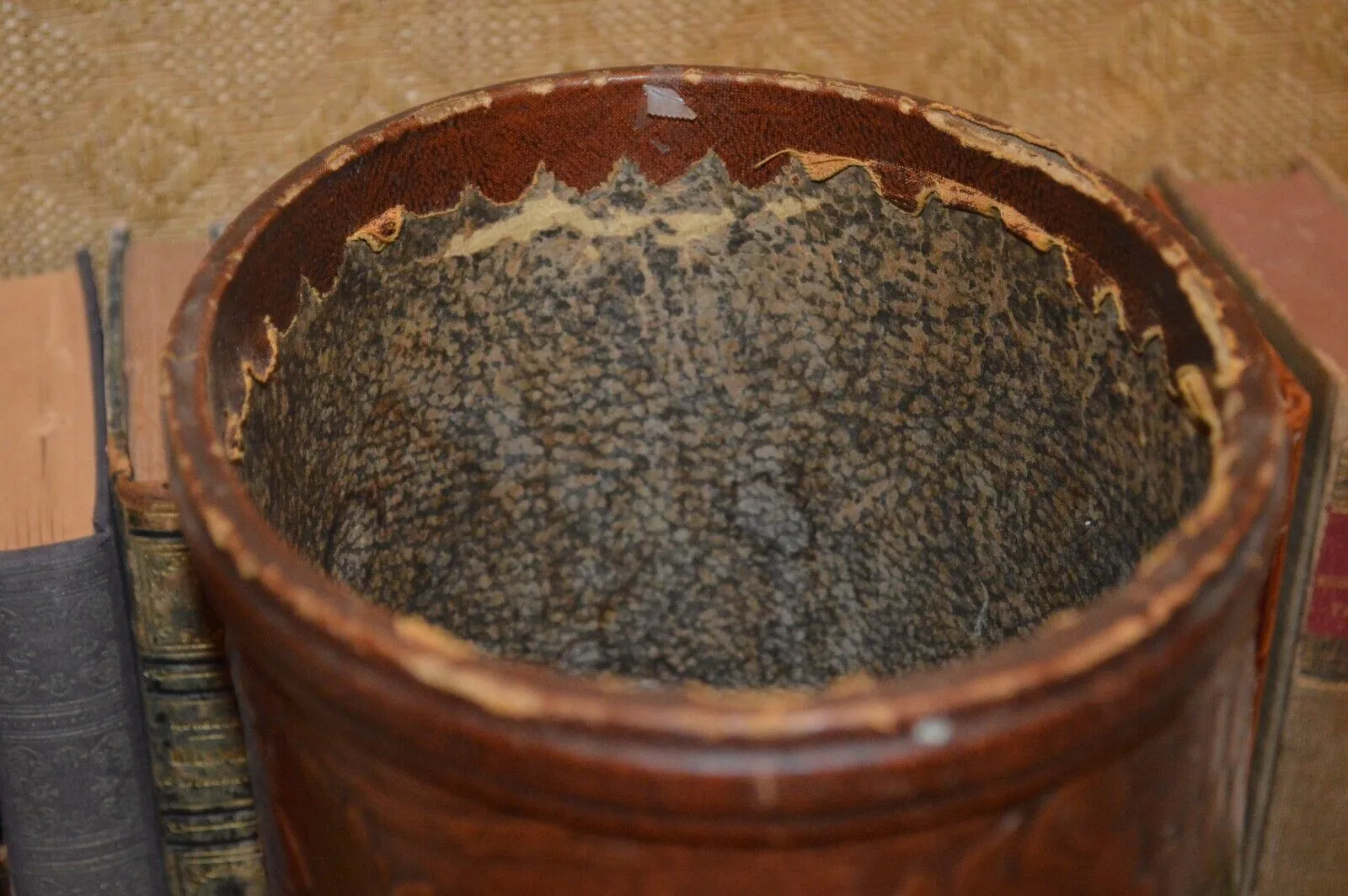 Antique English Embossed Leather Wastebasket Trash Can Arts and Crafts Style