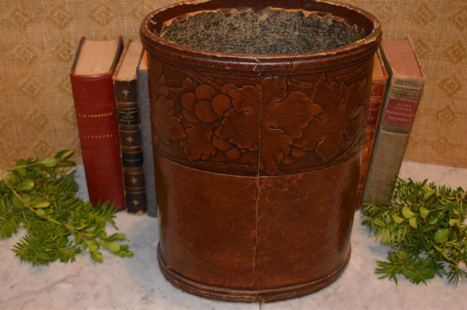 Antique English Embossed Leather Wastebasket Trash Can Arts and Crafts Style