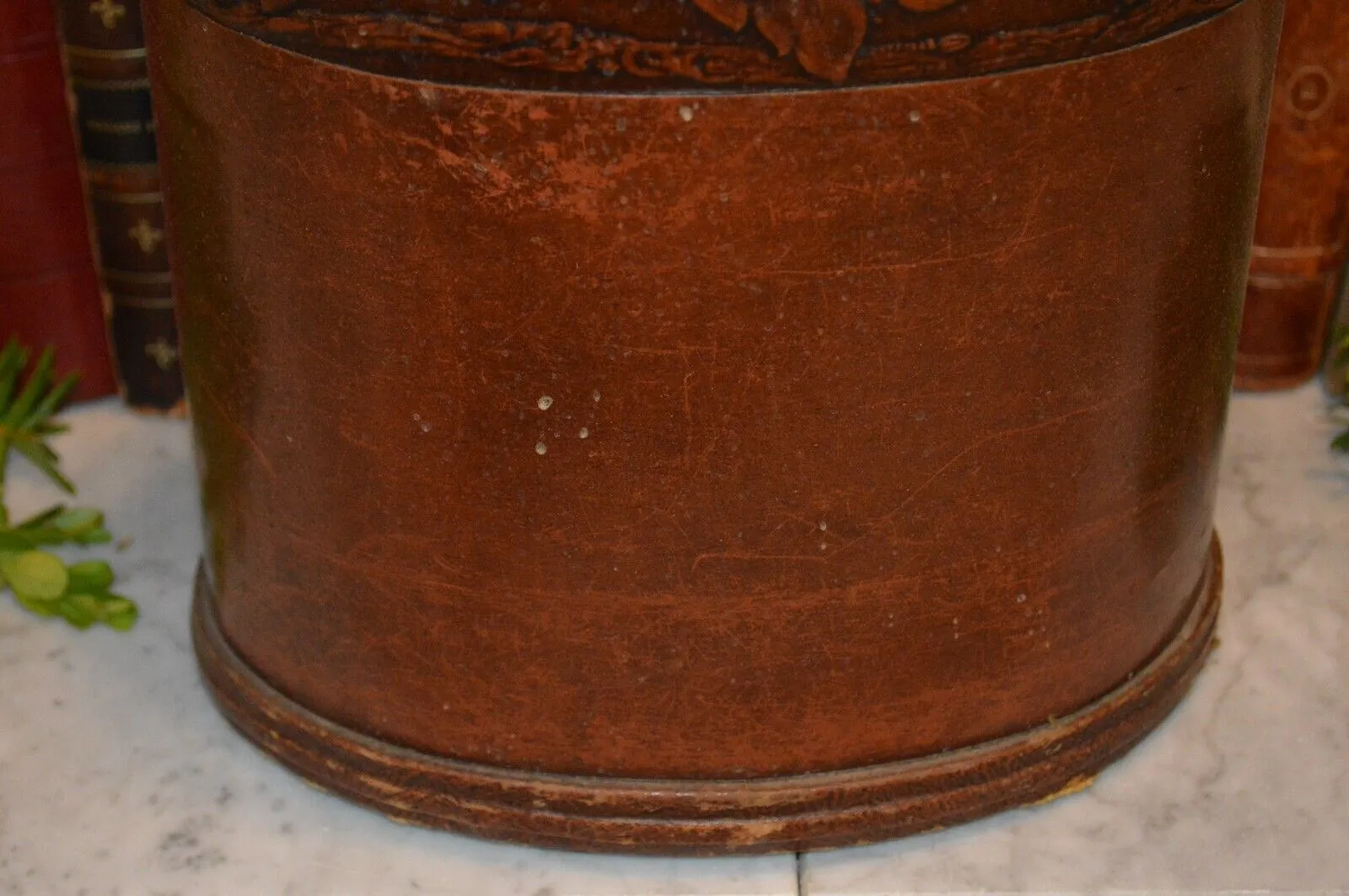Antique English Embossed Leather Wastebasket Trash Can Arts and Crafts Style