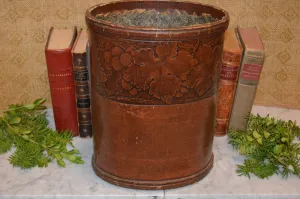 Antique English Embossed Leather Wastebasket Trash Can Arts and Crafts Style
