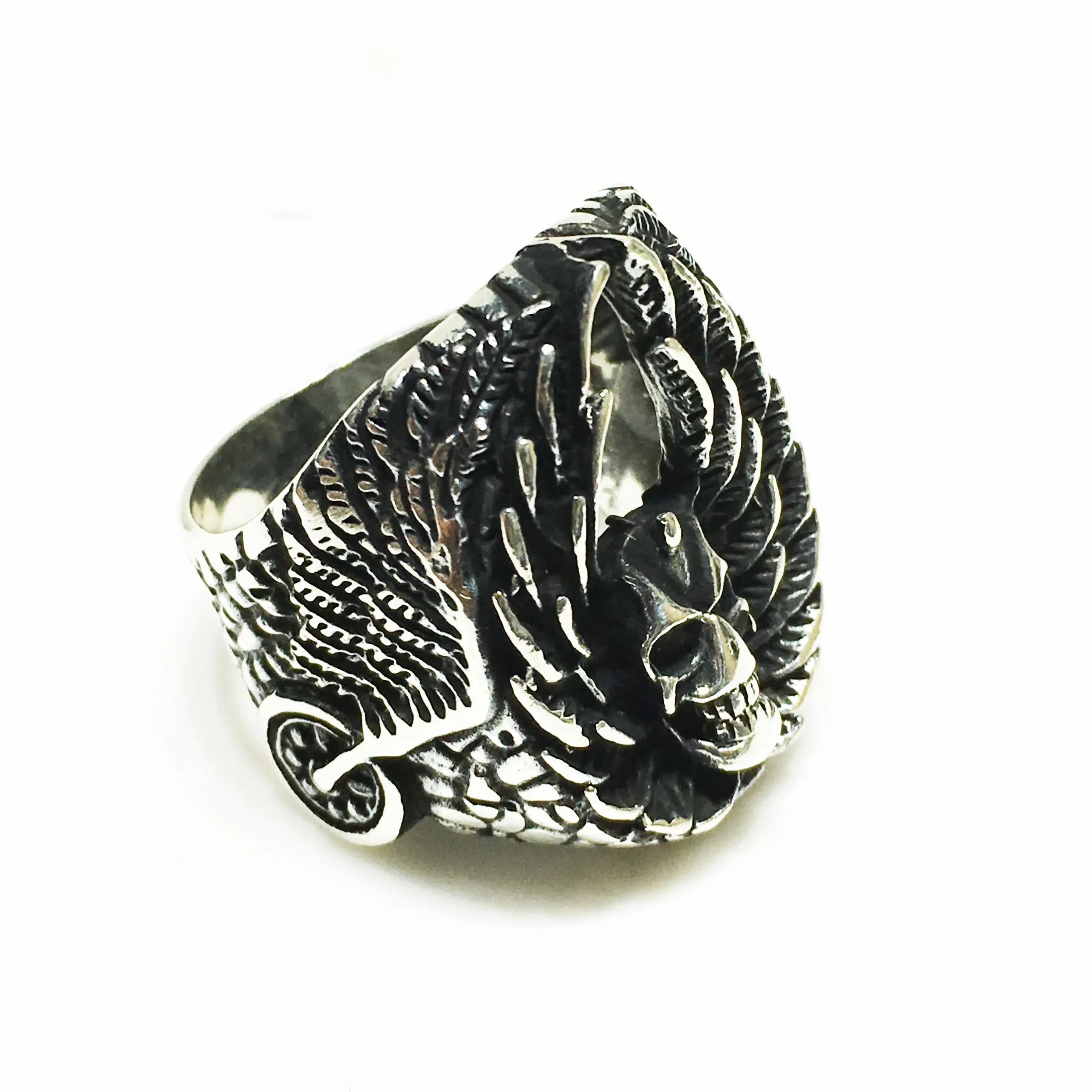 Antique-Finish Demon Head Ring (Silver)