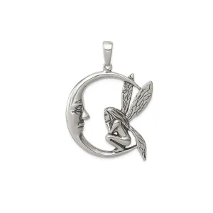Antique-Finish Moon & Fairy Pendant (Silver)
