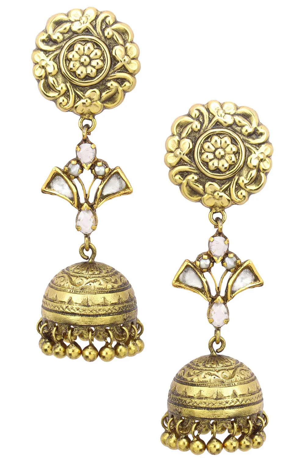 Antique Gold Finish Jhumki Drop Flower Top Earrings