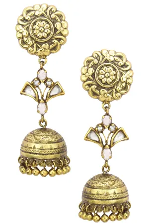 Antique Gold Finish Jhumki Drop Flower Top Earrings