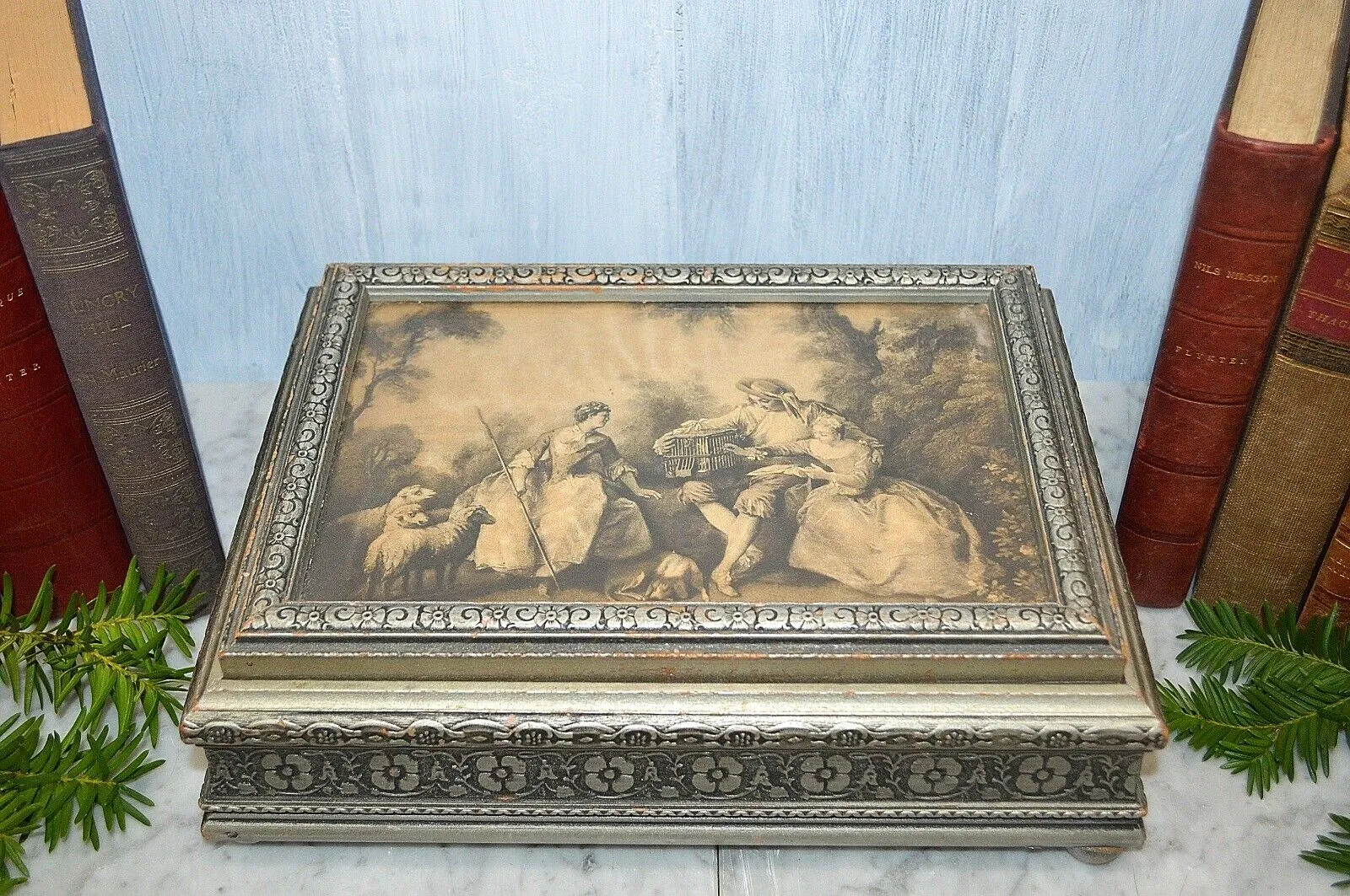 Antique Jewelry Dresser Box Interior Mirror Silver Wood Romantic Pastoral Scene
