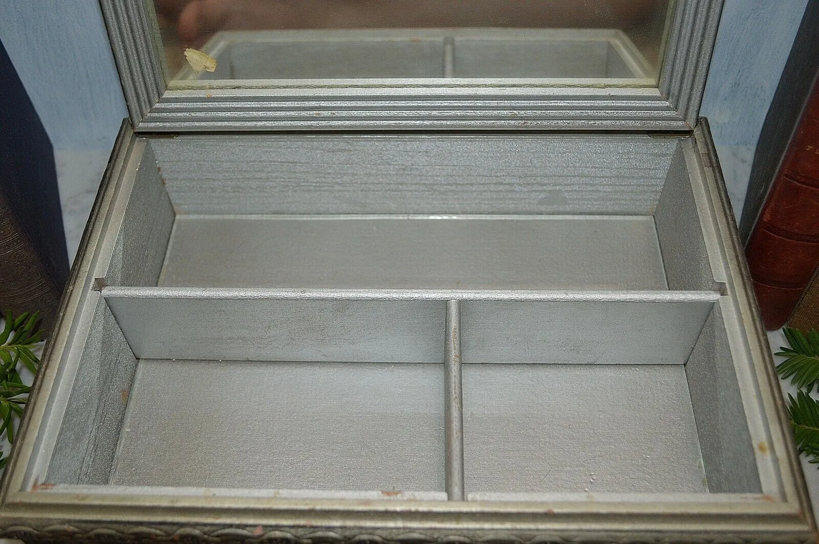 Antique Jewelry Dresser Box Interior Mirror Silver Wood Romantic Pastoral Scene