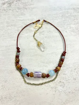 Aquamarine & Crazy Lace Agate Silver Leather Necklace | Handcrafted Jewelry