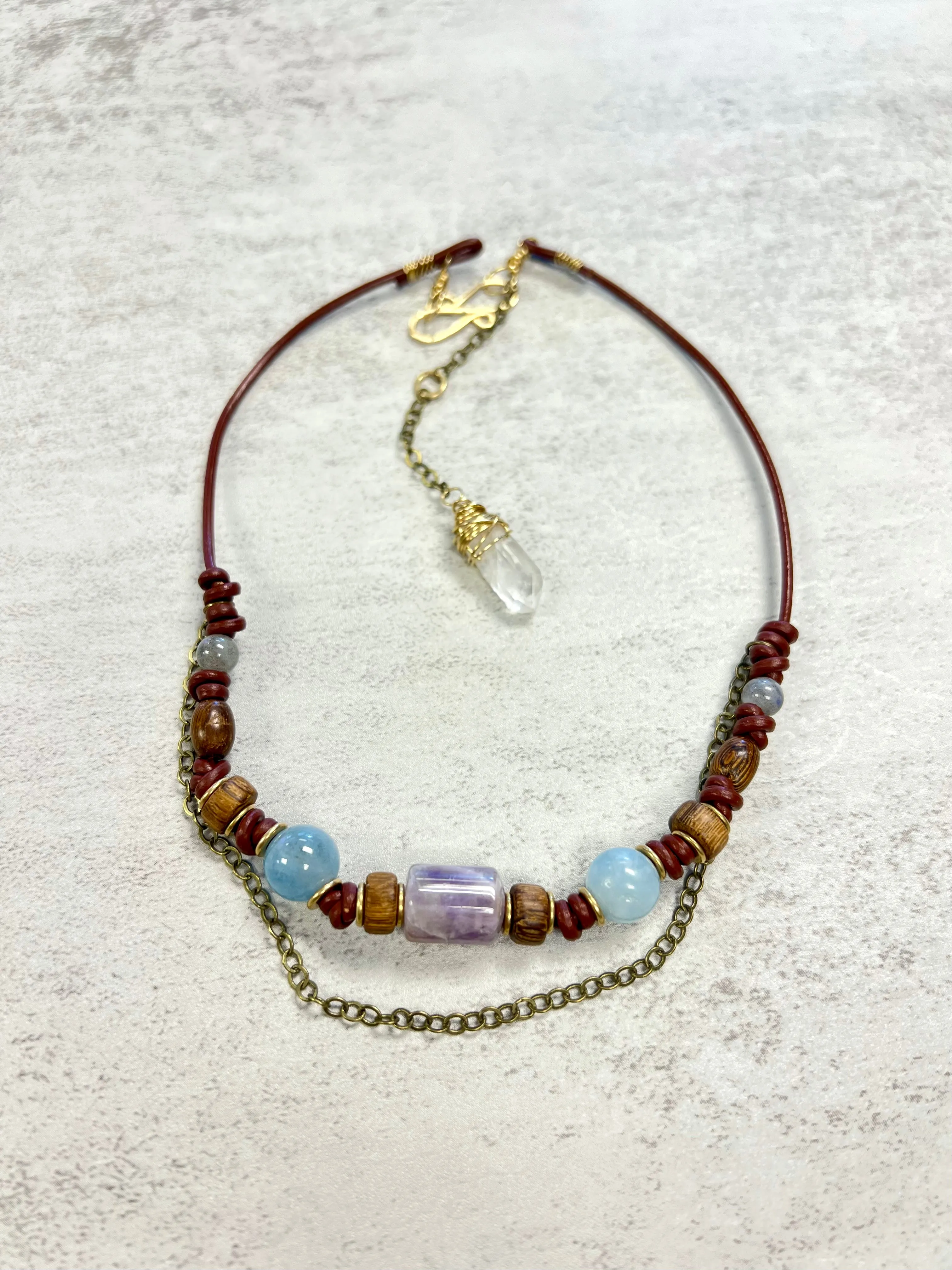 Aquamarine & Crazy Lace Agate Silver Leather Necklace | Handcrafted Jewelry
