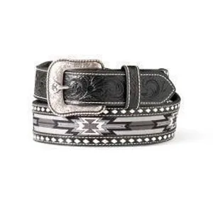 Ariat Black Floral Embossed Belt with Black/White/Grey Southwest Pattern Inlay