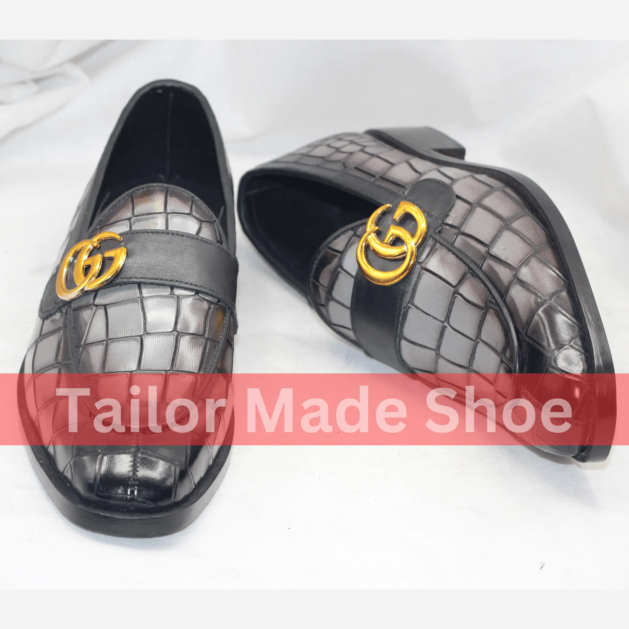 Bespoke Black & Gray Loafers with Gold Detail Tailor Made Handmade Leather Loafers - Luxury Footwear for Men- Premium Wedding & Formal Footwear
