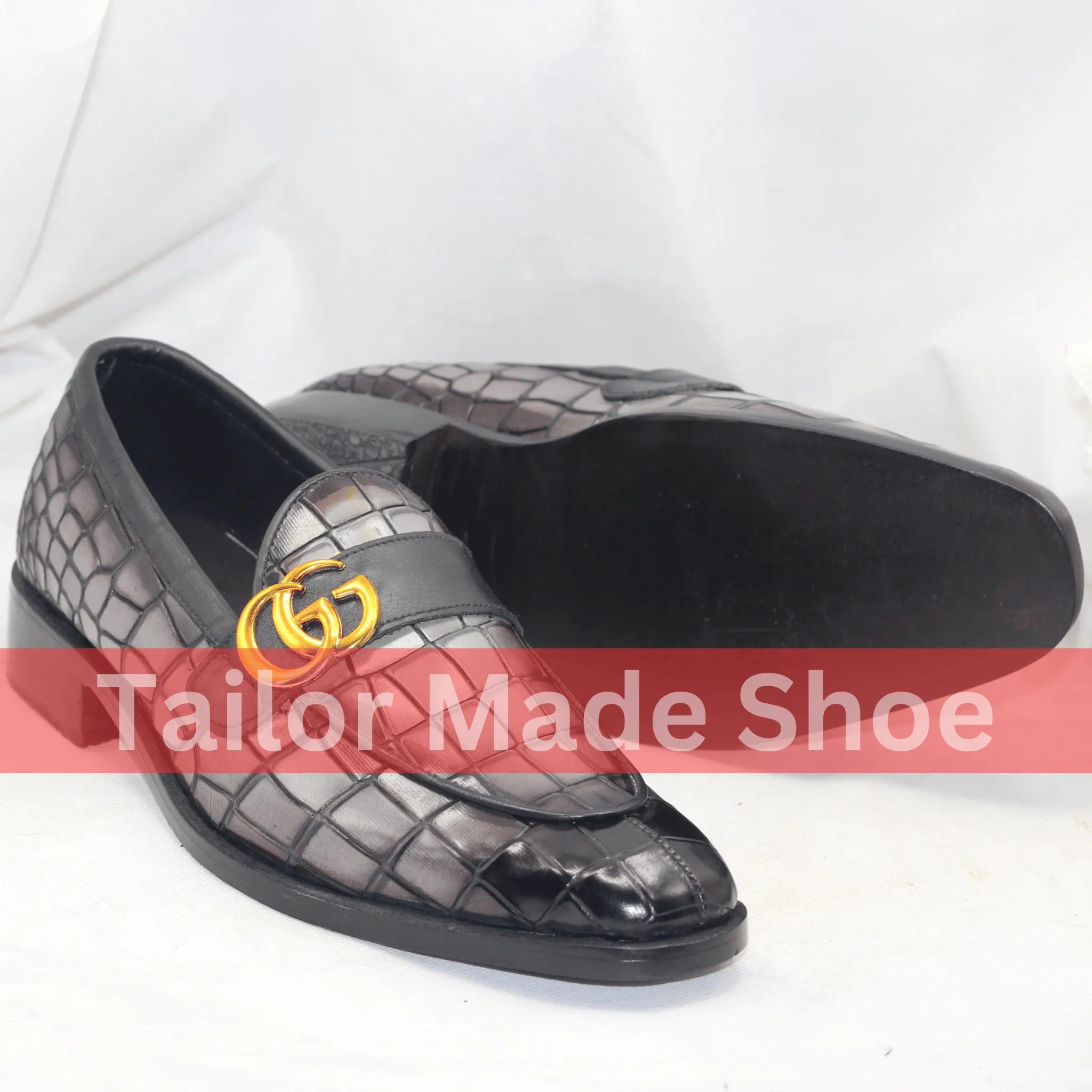 Bespoke Black & Gray Loafers with Gold Detail Tailor Made Handmade Leather Loafers - Luxury Footwear for Men- Premium Wedding & Formal Footwear