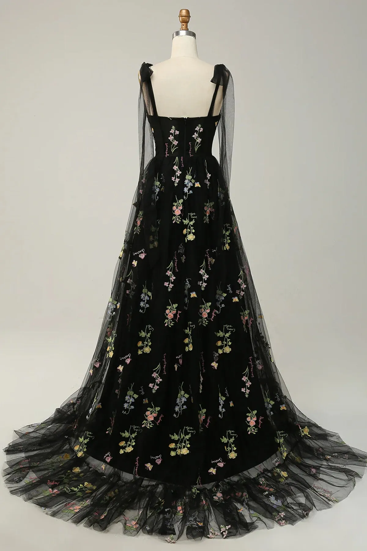 Black Floral Tulle Straps A-line Long Party Dress, Black Tulle Prom Dress Evening Dress