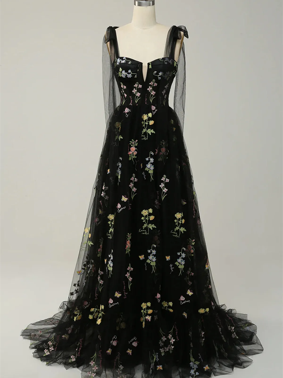 Black Floral Tulle Straps A-line Long Party Dress, Black Tulle Prom Dress Evening Dress