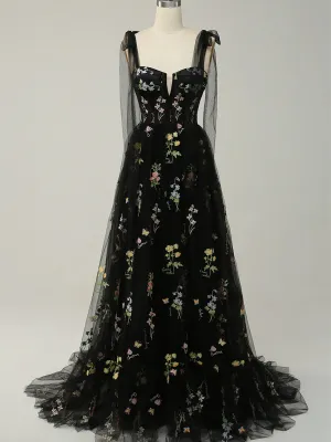 Black Floral Tulle Straps A-line Long Party Dress, Black Tulle Prom Dress Evening Dress