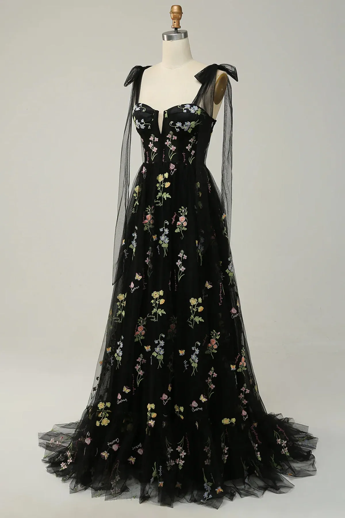Black Floral Tulle Straps A-line Long Party Dress, Black Tulle Prom Dress Evening Dress