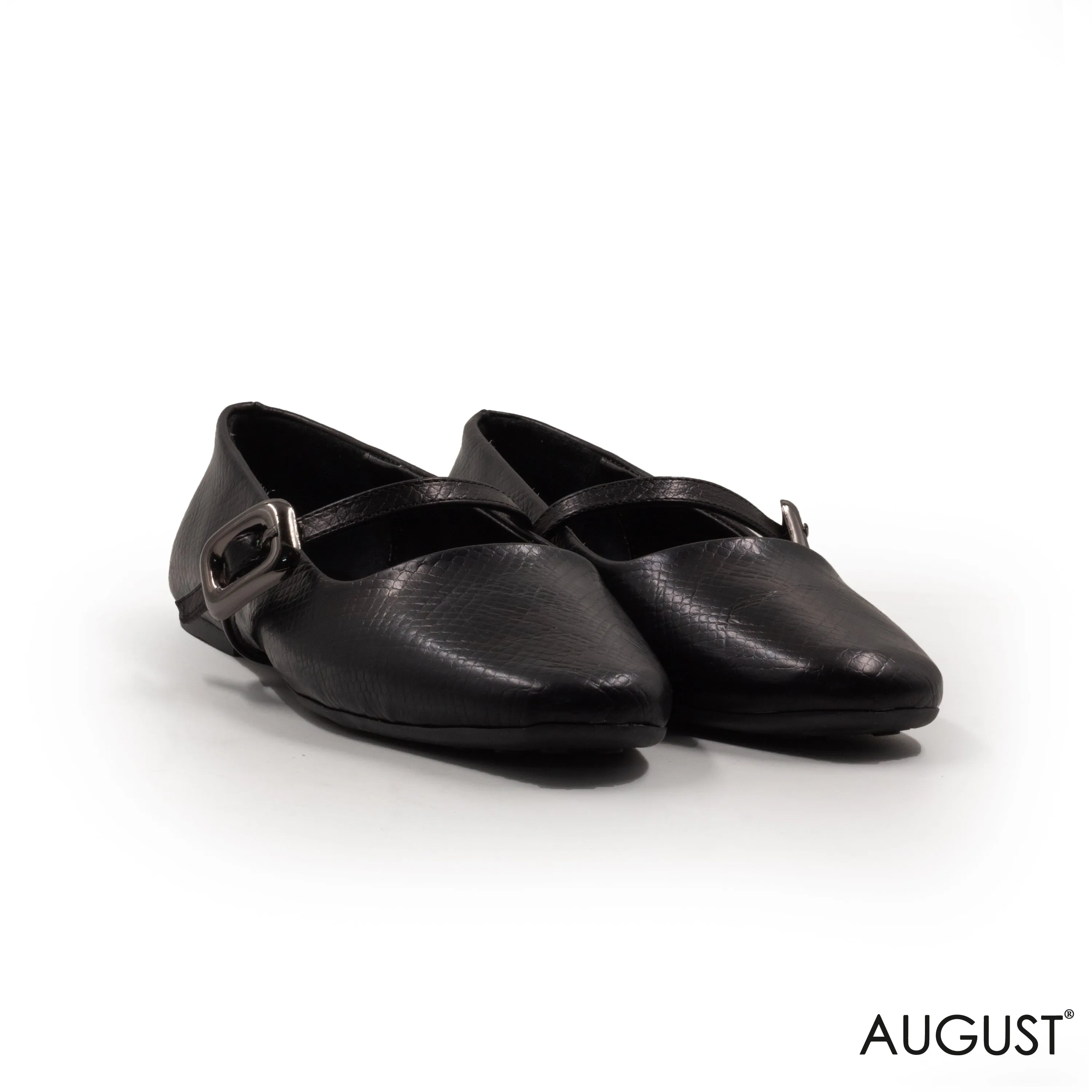 BLACK LEATHER BUCKLE BALLERINAS