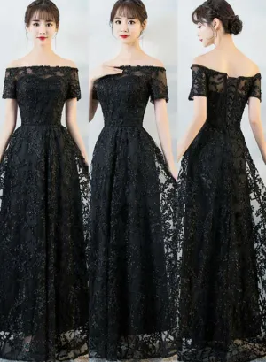 Black Off Shoulder Lace Bridesmaid Dress, Lace Party Gowns