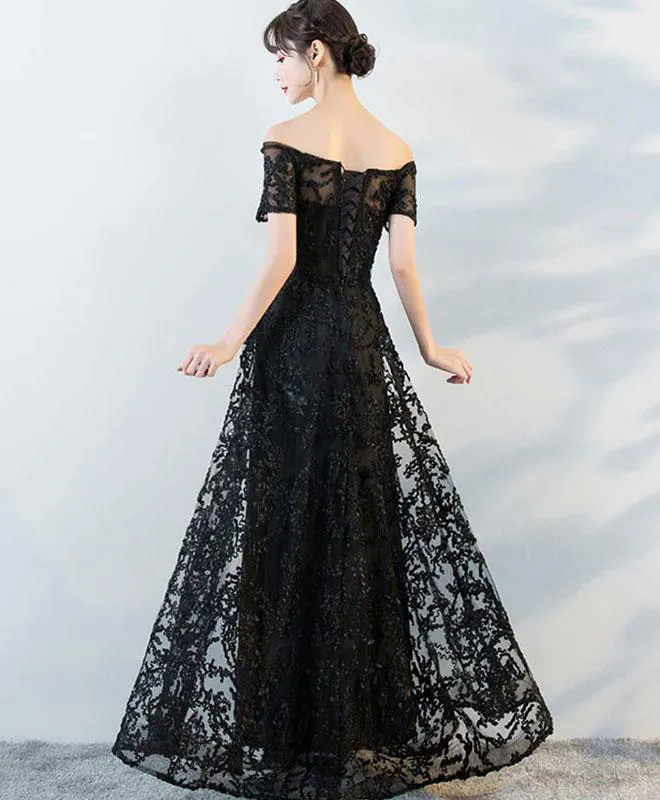 Black Off Shoulder Lace Bridesmaid Dress, Lace Party Gowns