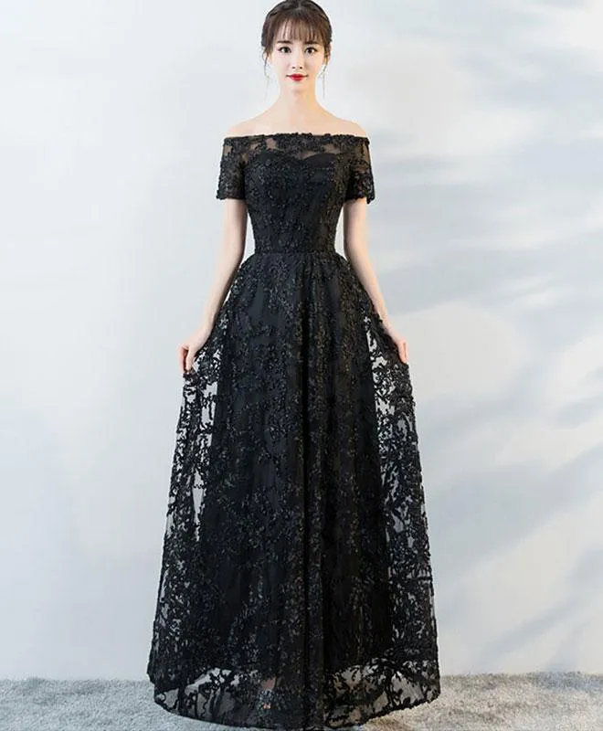 Black Off Shoulder Lace Bridesmaid Dress, Lace Party Gowns